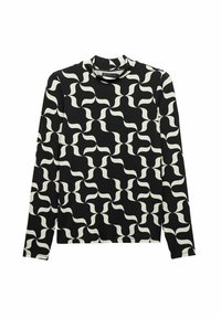 Långärmad topp i svart tyg med ett vitt vågigt mönster. Den har en hög halsringning och en åtsittande silhuett.