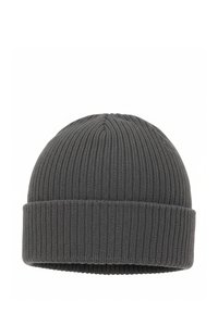 Donkergrijze geribbelde gebreide muts met opgevouwen boord, ontworpen voor warmte en casual dragen.