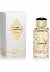 Boucheron Place Vendôme eau de parfum, 100 ml. Klar, diamantmönstrad glasflaska med gulddetaljer och ett svart lock; krämfärgad förpackning.