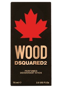 Un emballage noir présente un design de feuille d'érable rouge proéminent, avec "WOOD" et "DSQUARED2" en texte doré en gras. Taille de 75 ml indiquée.