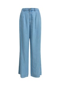 Light blue wide-leg trousers made of denim, featuring a high waist, pleats, and a button closure. Clean design with no visible patterns or accents.
