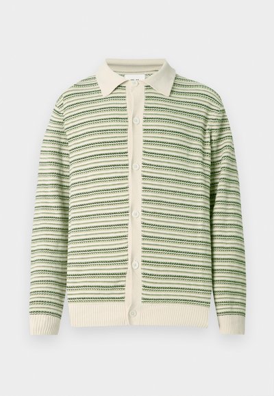 Long-sleeve button-up cardigan with green and cream horizontal stripes and a cream collar, ribbed cuffs, and hem.
