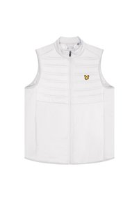 Gilet sans manches blanc avec fermeture éclair à l'avant, texture matelassée sur le haut, section inférieure lisse, et un petit logo brodé jaune.