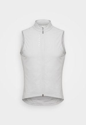 Gilet da ciclismo senza maniche grigio chiaro con collo alto, cerniera frontale completa e logo verticale "Isadore" sul petto sinistro.
