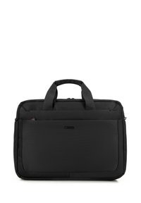 Zwarte laptoptas gemaakt van textuurstof, met dubbele handgrepen aan de bovenkant, een voorvak met rits en een rechthoekige vorm. Geen zichtbare logo's.