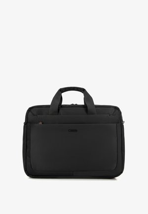 Schwarze Laptoptasche aus strukturiertem Stoff, mit zwei oberen Griffen, einer vorderen Reißverschlusstasche und rechteckiger Form. Keine sichtbaren Logos.