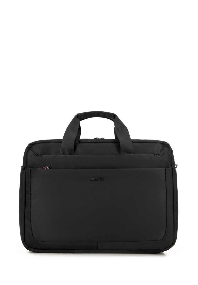 Zwarte laptoptas gemaakt van textuurstof, met dubbele handgrepen aan de bovenkant, een voorvak met rits en een rechthoekige vorm. Geen zichtbare logo's.