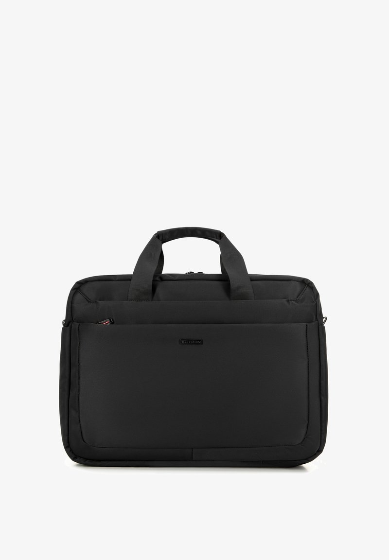 Bolsa de portátil negra hecha de tejido texturizado, con dos asas superiores, un bolsillo frontal con cremallera y una forma rectangular. Sin logotipos visibles.