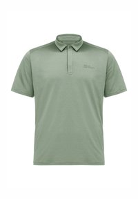 Lichtgroene polo met korte mouwen, gemaakt van een zacht materiaal, met een kraag en een subtiel logo op de borst.