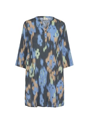 Tunika w kolorze niebieskim, zielonym i beżowym, o luźnym kroju, z długimi rękawami i zapięciem na guziki. Wykonana z miękkiego, lekkiego materiału z kwiatowymi wzorami.