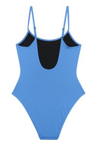 Maillot de bain une pièce bleu avec des panneaux latéraux découpés noirs, des bretelles fines ajustables et un tissu lisse et extensible.