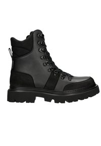 Stivale da escursionismo nero con esterno in pelle e suede texture, suola in gomma robusta con tacchetti profondi e ganci metallici per lacci per una vestibilità sicura.