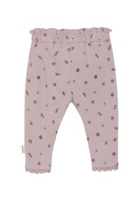 Roze katoen leggings met bloemenprint, gerimpelde taille en kantafwerking. Heeft kleine multikleurige bloemen en bladeren verspreid over de gehele legging.