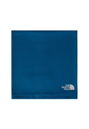 Gaiter per il collo in tessuto stretch blu con una texture liscia, caratterizzato da un logo bianco di "The North Face" nell'angolo inferiore.