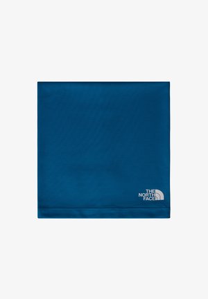 Blauwe stretchstof nek-gaiter met een soepele textuur, met een wit logo van "The North Face" in de onderste hoek.
