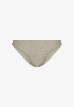 Schimmernder beiger Bikini-Slip mit niedrigem Schnitt. Hergestellt aus weichem, elastischem Stoff, mit glatten Kanten und minimaler Bedeckung.