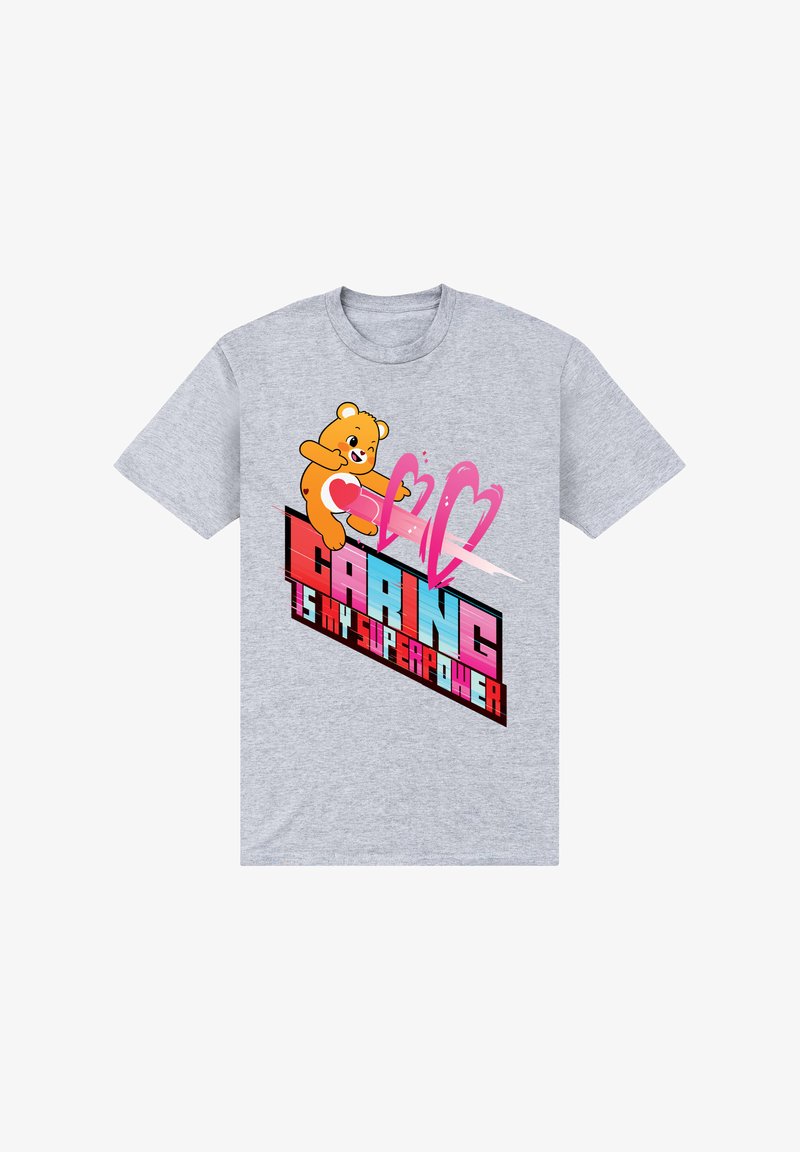 Camiseta de algodón gris con un oso de dibujos animados y el texto "¡Cuidar es mi superpoder!" en gráficos coloridos y en negrita con acentos de corazones.