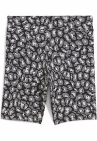 Pantalones cortos de bicicleta con estampado de leopardo en gris y negro, con una textura de tela suave, que cuentan con una cinturilla ancha y una silueta ajustada.