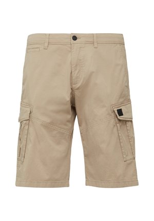 Beige Cargo-Shorts aus leichtem Stoff. Sie verfügen über mehrere Taschen, einen Knopfverschluss und ein entspanntes Passform-Design.