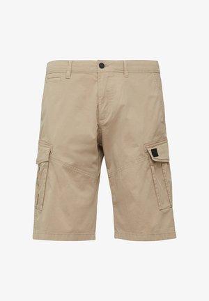 Beige Cargo-Shorts aus leichtem Stoff. Sie verfügen über mehrere Taschen, einen Knopfverschluss und ein entspanntes Passform-Design.