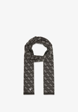 Sciarpa nera con motivo geometrico bianco, texture morbida e piccola etichetta con logo. Forma rettangolare, progettata per uno stile versatile.