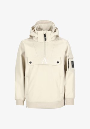 Beige Kapuzenjacke mit einem halben Reißverschluss, vorderer Tasche, gerippten Bündchen und Logo-Detail. Glattes Material mit matter Oberfläche.