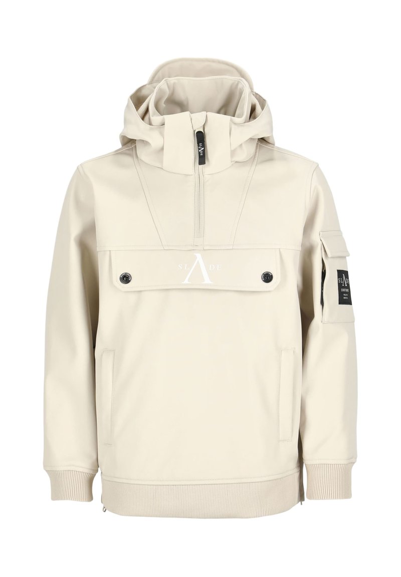 Giacca beige con cappuccio, zip a metà, tasca frontale a marsupio, polsini a coste e dettaglio del logo. Tessuto liscio con finitura opaca.