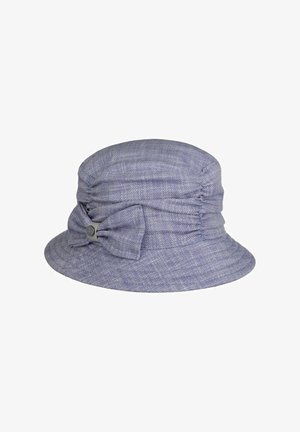 Light purple textured bucket hat with a gathered band and bow detail secured by a small round metal tag.