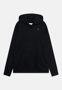 Felpa nera con cappuccio realizzata in morbido tessuto, dotata di tasca a marsupio, polsini e orlo ribattuti, e un piccolo logo grigio sul petto.