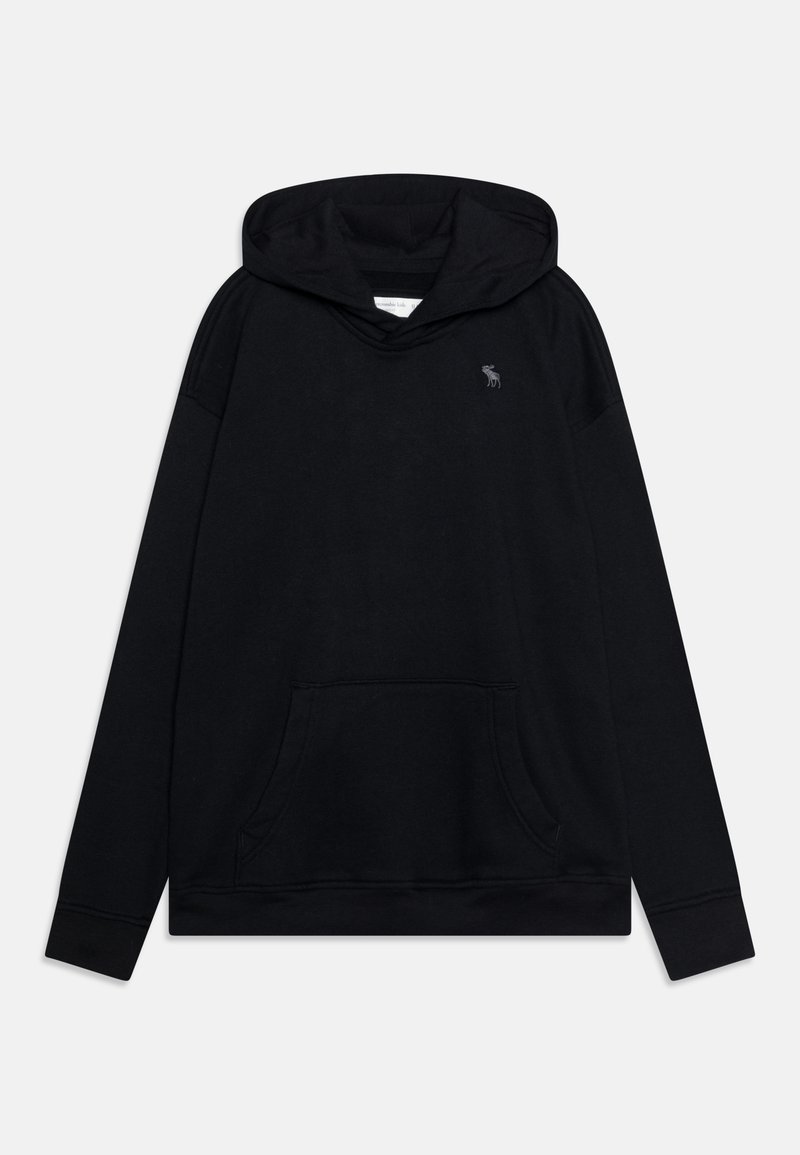 Felpa nera con cappuccio realizzata in morbido tessuto, dotata di tasca a marsupio, polsini e orlo ribattuti, e un piccolo logo grigio sul petto.