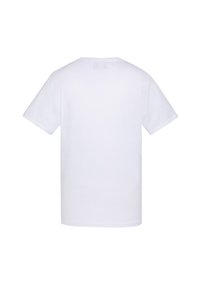 Biała bawełniana koszulka z krótkim rękawem, okrągłym dekoltem i gładkim tyłem, bez grafik ani wzorów. Miękka faktura, standardowy krój.