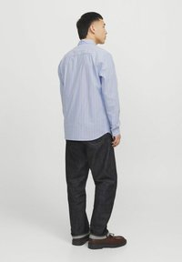 Camicia a righe blu chiaro con maniche lunghe e colletto button-down, abbinata a jeans in denim scuri e scarpe marroni, vista da dietro.