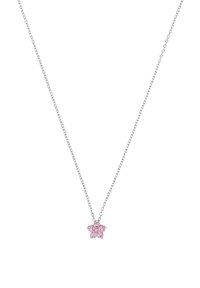 Silver chain necklace with a small pink flower-shaped pendant made of five gemstones.