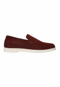 Burgundy suede slip-on shoes with a rounded toe, featuring a white rubber sole and minimal stitching detail along the edges.