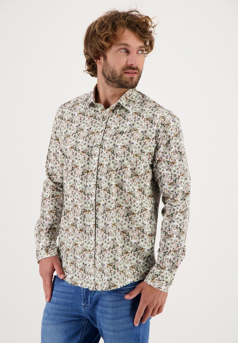 Bloemige overhemd met knopen in lichte kleuren, met een gemixed patroon van kleine bloemen en bladeren, lange mouwen en een standaard kraag.