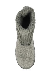 Grau gefütterte Hausschuhe mit einem gestrickten oberen Rand. Runde Zehenpartie und glatte Textur. Rutschdesign, das sich für den Innenbereich eignet.