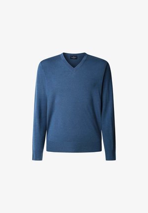 Pull col V en bleu profond. Fabriqué en matériau tricot doux, avec des manches longues et un ourlet côtelé. Texture lisse et design minimal.