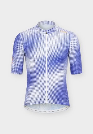 Cyklodres s krátkym rukávom a celým predným zipsom, modro-biely bodkovaný prechodový vzor a logo "Le Col" na ľavom ramene a manžetách.