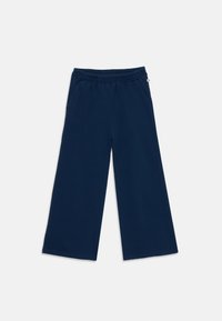 Marineblaue weite Hose mit elastischem Taillenbund und Seitentaschen, flach auf einem weißen Hintergrund ausgelegt.