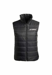 Svart quiltad ärmlös puffer-väst med hög krage och dragkedja fram, utrustad med vit "TERREX"-logotyp på bröstet.