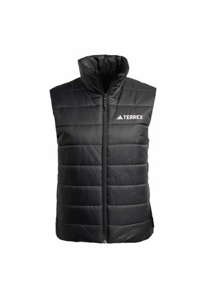Crni kviltani bezrukavnik s visokim ovratnikom i prednjim patentnim zatvaračem, s bijelim "TERREX" logotipom na prsima.