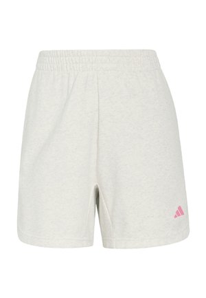Short de sport gris clair avec taille élastique et petit logo Adidas rose sur la partie inférieure de la jambe gauche.