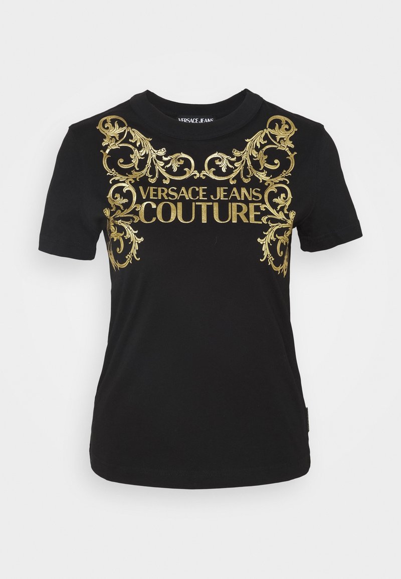 T-shirt en coton noir avec des motifs dorés ornés et le texte "VERSACE JEANS COUTURE" sur la poitrine. Manches courtes et coupe classique.