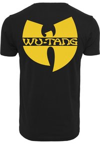 Black cotton t-shirt featuring a large yellow Wu-Tang logo on the back, with the words “WU-TANG” displayed in a bold, stylized font.