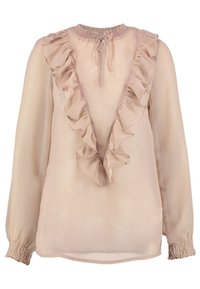 Blusa beige chiara realizzata in tessuto trasparente con scollatura a V profonda e rifiniture arricciate lungo il collo. Maniche lunghe con polsini arricciati.
