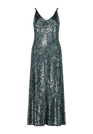 Glitzerndes Abendkleid in tiefem Teal mit V-Ausschnitt und dünnen verstellbaren Trägern, das eine fließende A-Linie-Silhouette präsentiert.