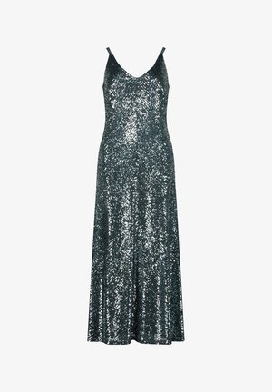 Robe de soirée ornée de sequins en bleu sarcelle profond, avec un décolleté en V et de fines bretelles réglables, présentant une silhouette évasée fluide.