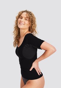 Black short-sleeve top with a fitted design, featuring smooth fabric and padded sections on the shoulders for added comfort.