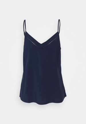Navyblaue ärmellose Bluse mit V-Ausschnitt, aus glattem Stoff gefertigt. Verfügt über zarte Details entlang des Ausschnitts, mit dünnen Trägern und einer lockeren Passform.