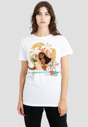 White cotton t-shirt featuring a colorful illustrated design of a girl with long hair, surrounded by tropical elements and animals.